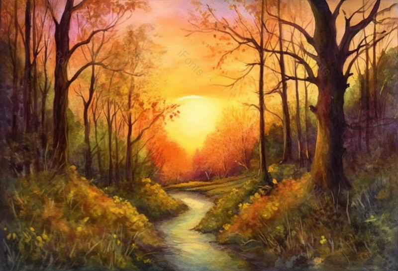 日落下的秋天森林小路幻想童话油画背景,插画/手绘图,插画/手绘图库,插画/手绘图下载,插画/手绘